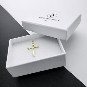 St Thomas Botonee Modern Budded Christian Cross Pendant in Real 14k Yellow Gold
